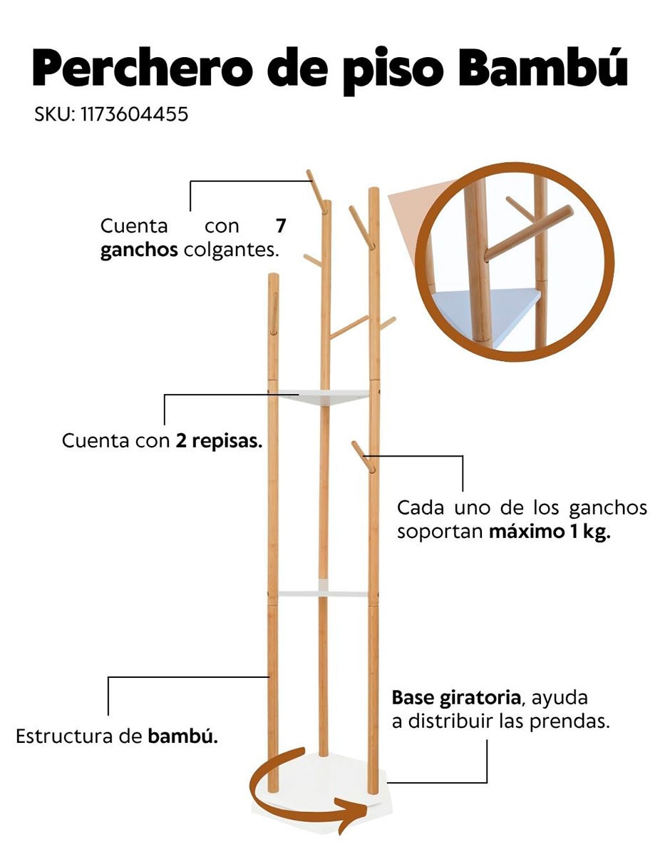 Perchero de piso de bambú 7 ganchos